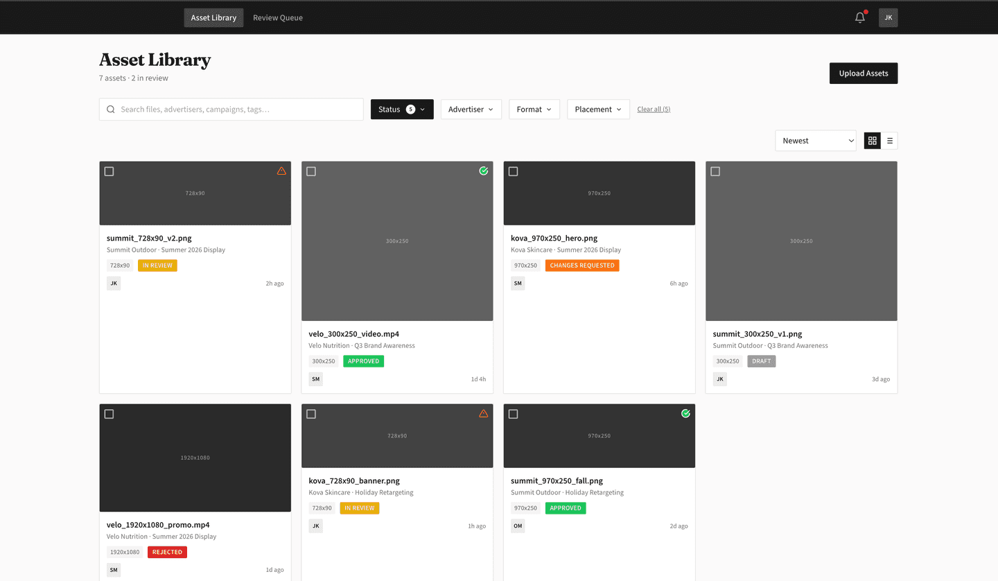 Creative asset management platform — asset library with status filters and bulk actions