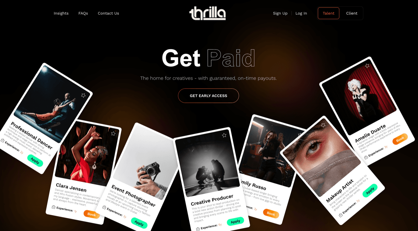 Thrilla creative talent marketplace homepage